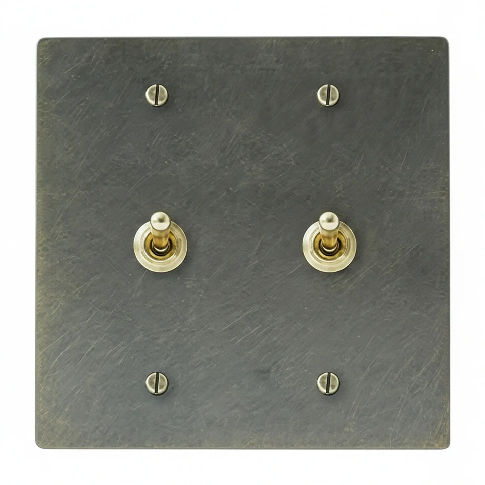Two-gang brass light switch plate.