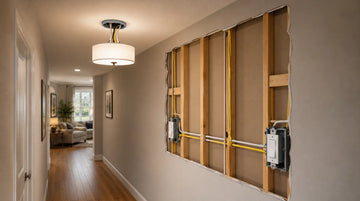 Cutaway view of a US residential wall showing two 3-way light switches connected by electrical wiring inside the wall.