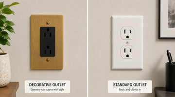 Side-by-side comparison of a brass decorative outlet and a basic white standard outlet showing the difference between stylish and default outlet designs.