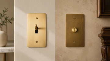 Side-by-side interior image showing a satin brass toggle switch on a clean modern wall and a darker unlacquered brass dimmer switch on a textured traditional wall, illustrating the visual difference between the two brass finishes.