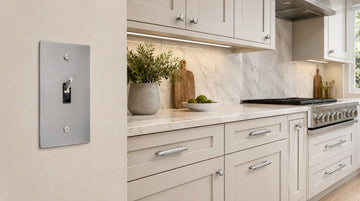 Stainless steel toggle switch coordinated with matching cabinet knobs and pulls in a white kitchen.