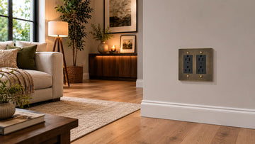 Dark aged brass double outlet plate with black receptacles mounted on a neutral wall in a modern living room with sofa, lamp, side table, and soft natural light.