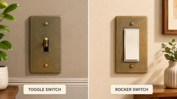 toggle switch in antique brass finish on the left and a rocker switch on the right