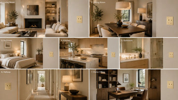 Luxury modern home interior collage with warm lighting, natural wood finishes, marble accents, and brushed satin brass dimmer switches.