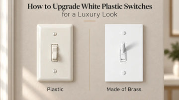 Side-by-side comparison of a worn white plastic light switch and a premium white brass light switch showing the difference between builder-grade plastic and metal hardware.