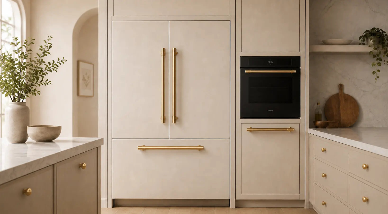 A refined modern kitchen with warm neutral cabinetry, integrated appliances, and brushed brass appliance pulls as the central feature. Matching brass knobs on surrounding cabinets and drawers.