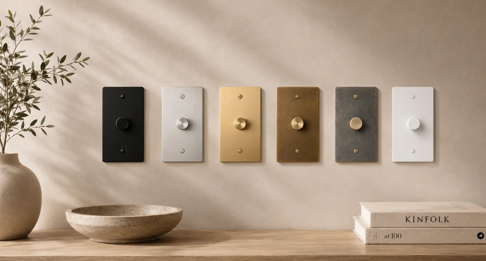 Brass dimmer switches in satin brass, matte black, bronze, antique brass, unlacquered brass, and white brass finishes.