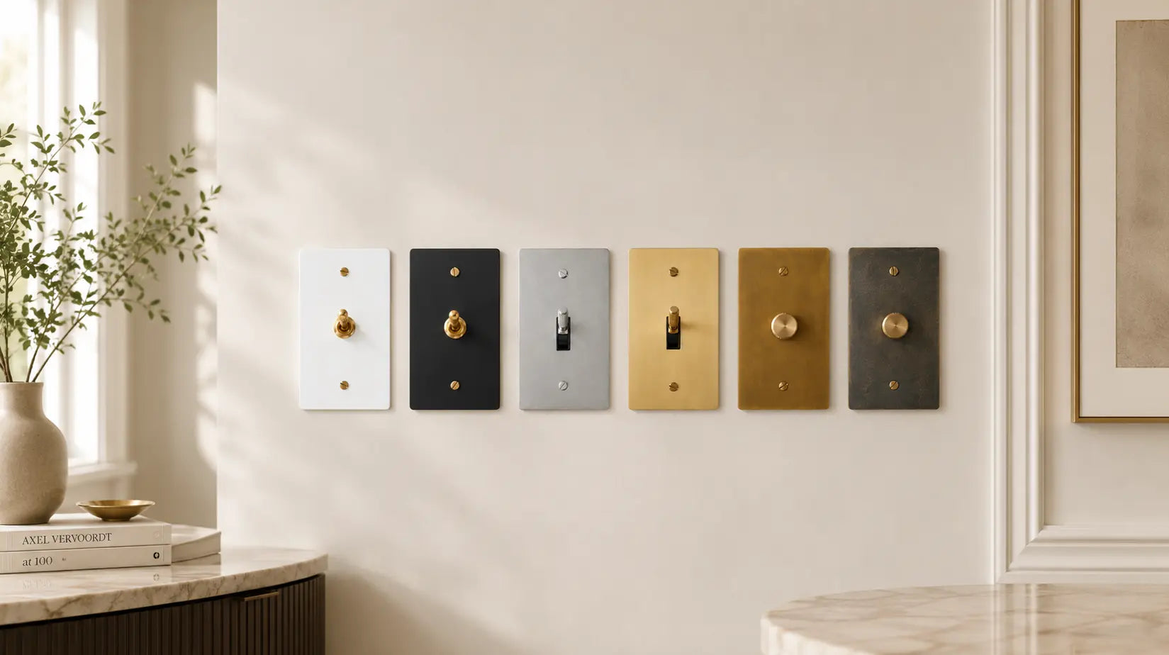 Six premium brass light switches, toggle switches, and dimmer switches displayed in one row on a neutral interior wall, featuring white brass, matte black, unlacquered brass, antique brass, and bronze brass finishes.