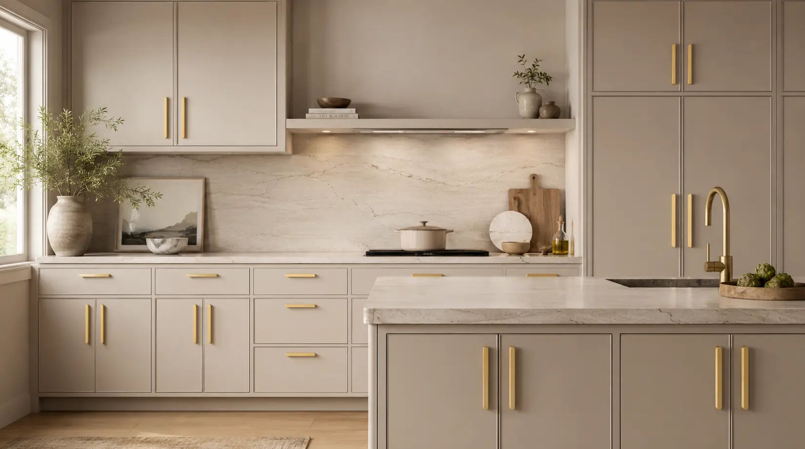 A warm modern kitchen with beige cabinetry, light stone countertops, a marble-style backsplash, and sleek rounded brass pulls fitted across the cabinet doors and drawers.