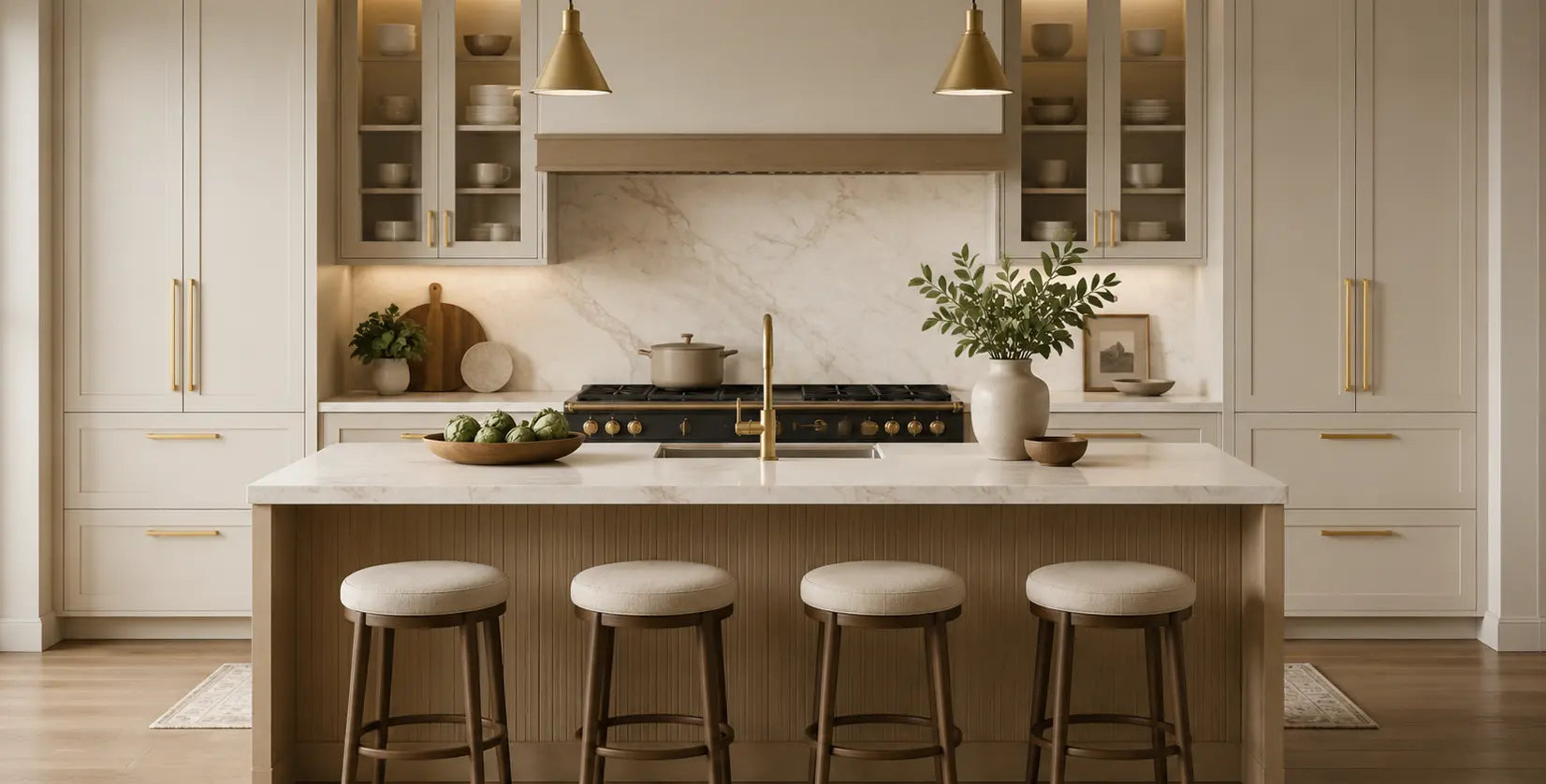 Front-view kitchen with cream cabinetry, a central island and brushed brass cabinet pulls on drawers and tall pantry doors.
