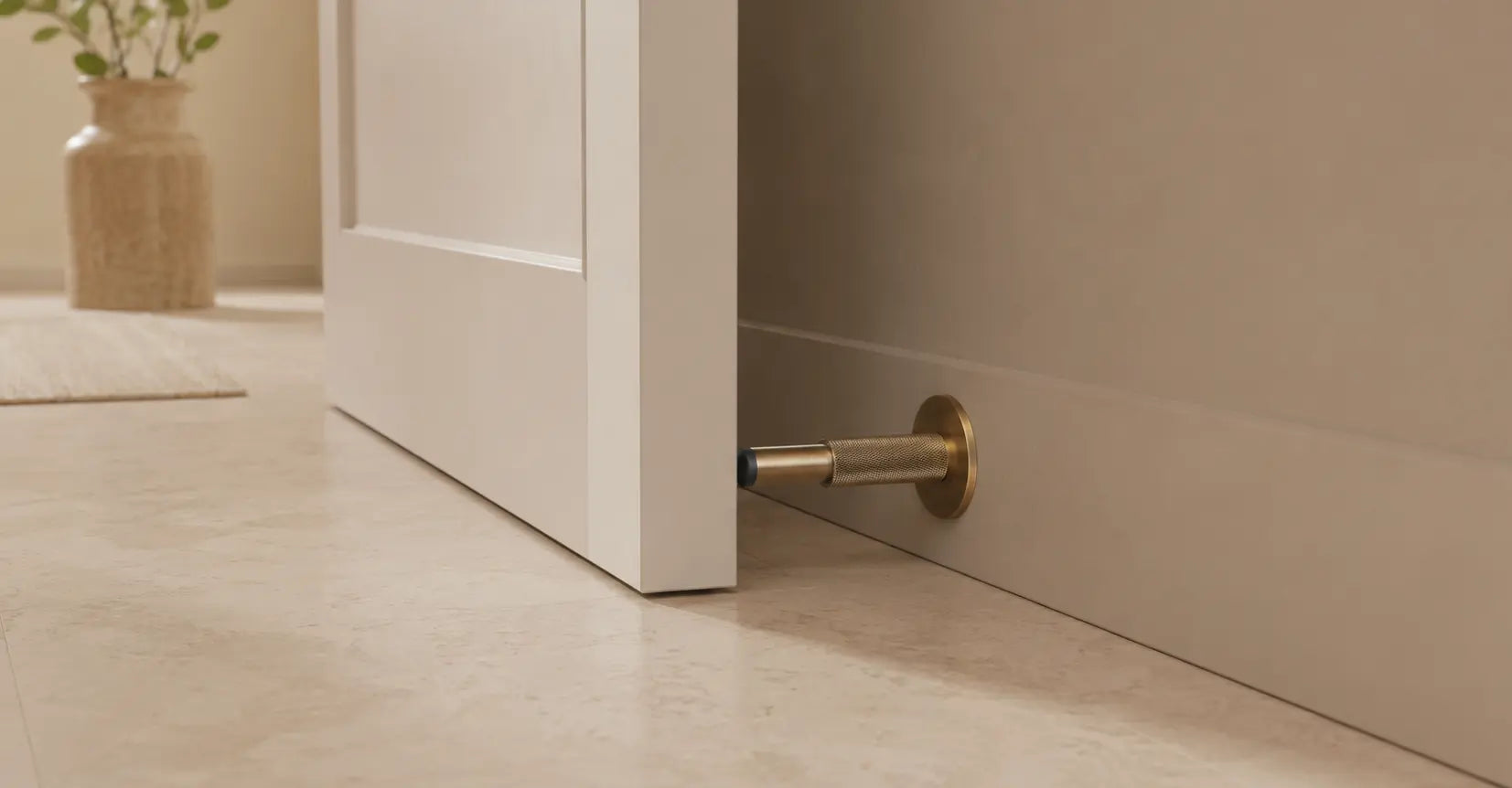 A refined brass door stopper mounted near the base of a neutral wall, shown in a warm minimalist hallway with soft lighting and a premium modern finish.