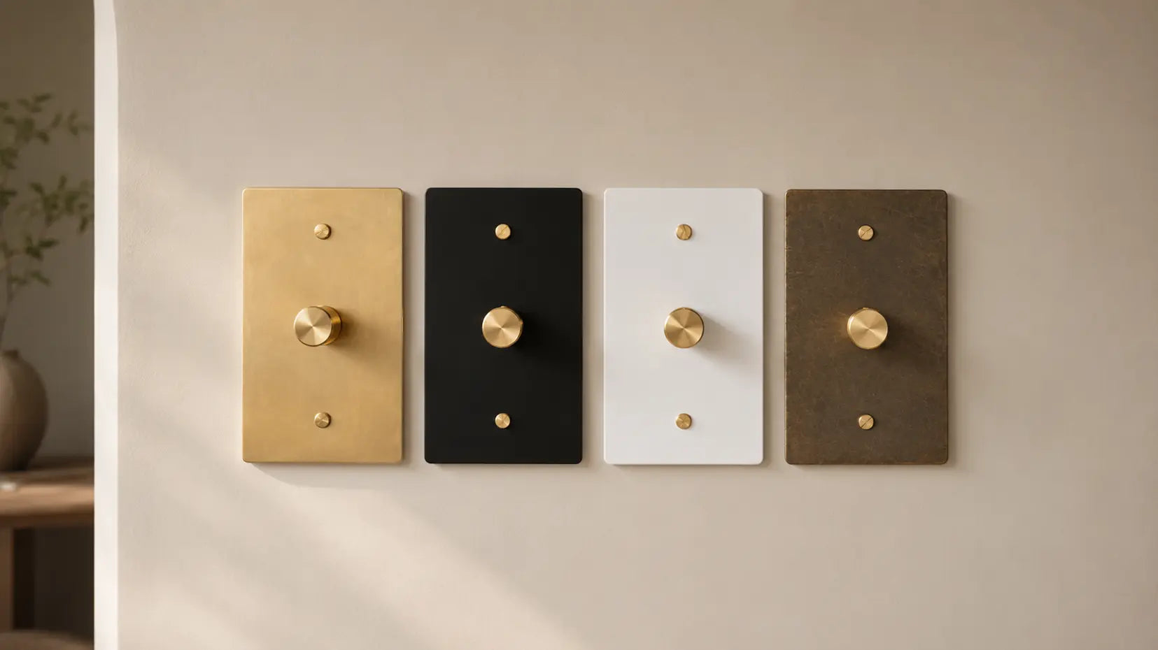 A warm neutral interior wall featuring four decorative dimmer switch plates arranged side by side, showcasing brass, black, white, and aged bronze finishes with matching brass dimmer knobs.