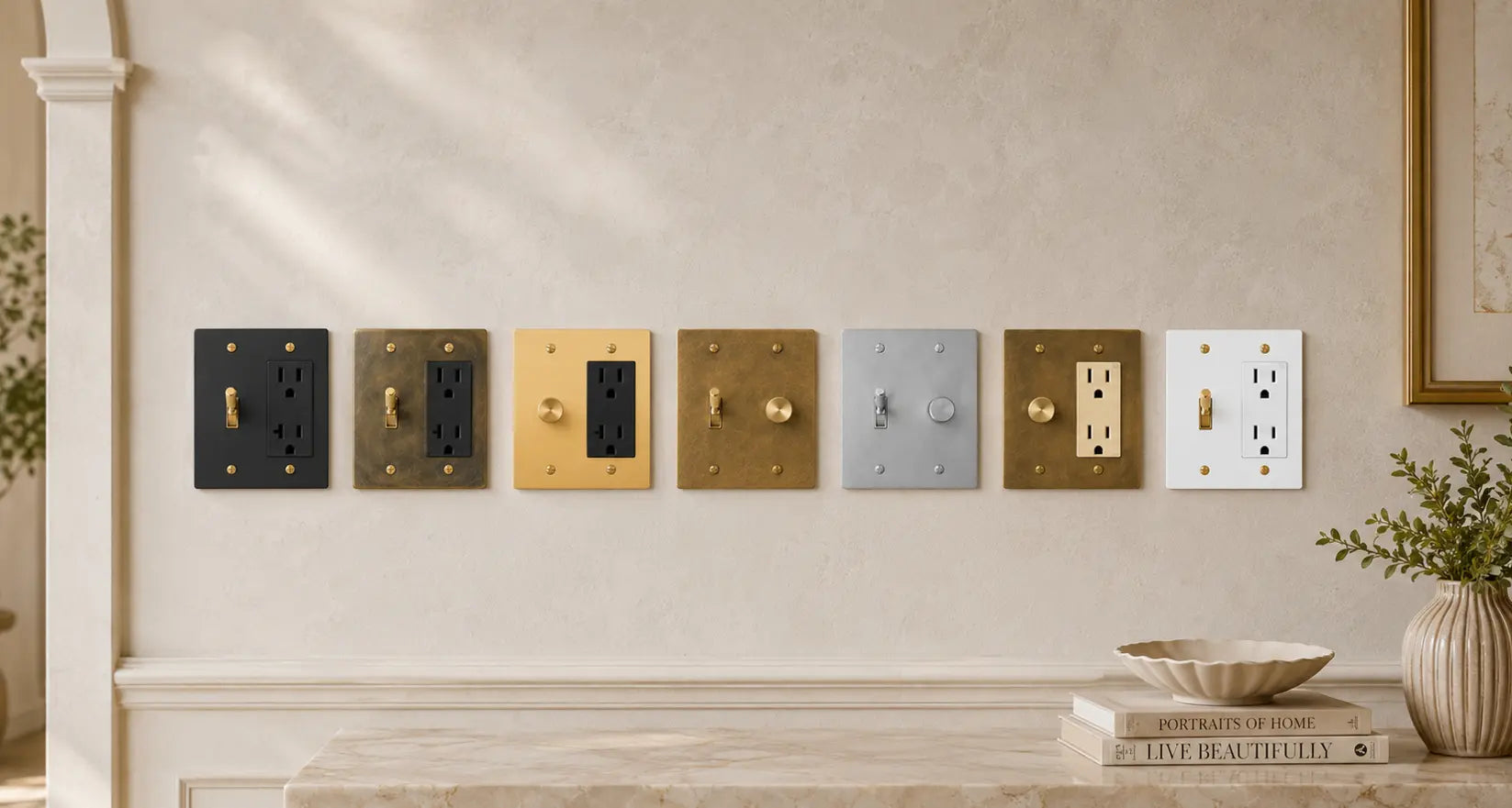 Dimmer switch combination plates in satin brass, antique brass, unlacquered brass, white brass, and matte black finishes. Toggle and outlet, dimmer and outlet, toggle and dimmer.
