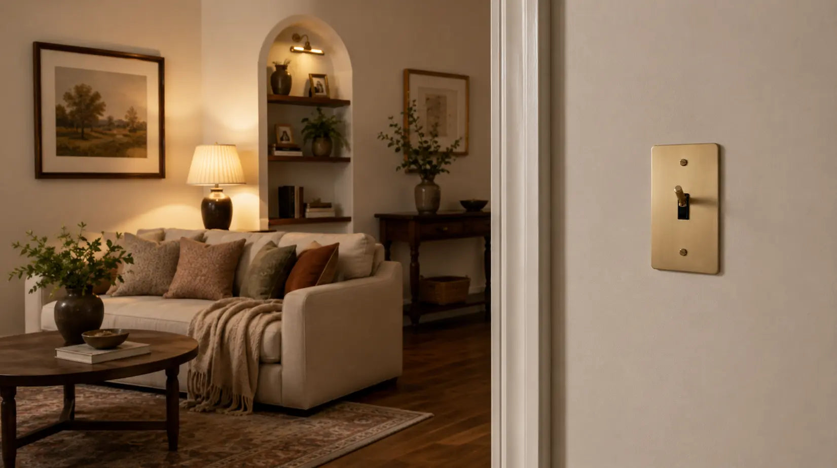 A satin brass gold light switch mounted on a neutral wall in a cozy living room, featuring warm lighting, soft furnishings, and elegant interior styling.