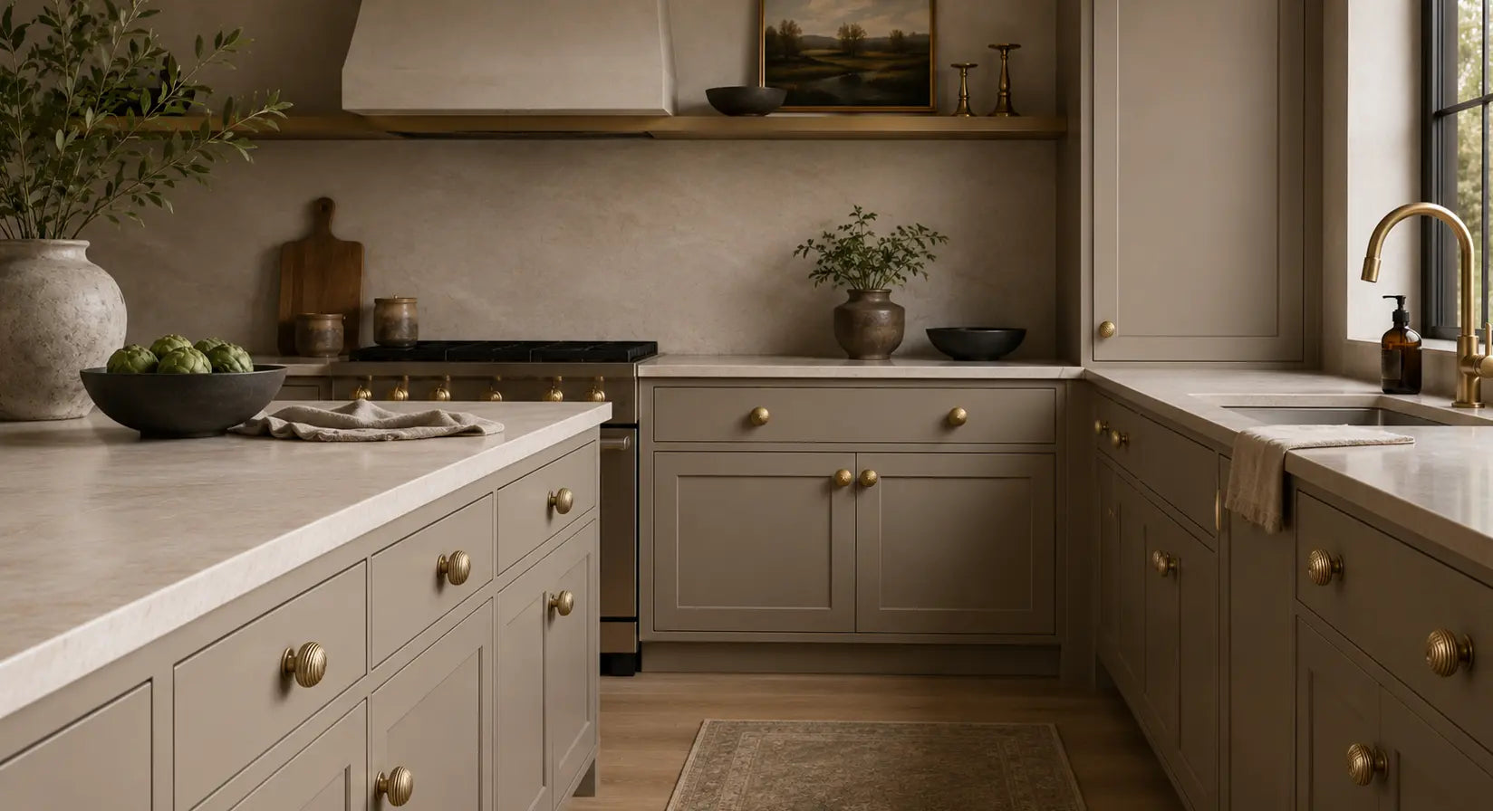 Warm modern kitchen with taupe cabinets, light stone countertops, and ribbed brass cabinet knobs.