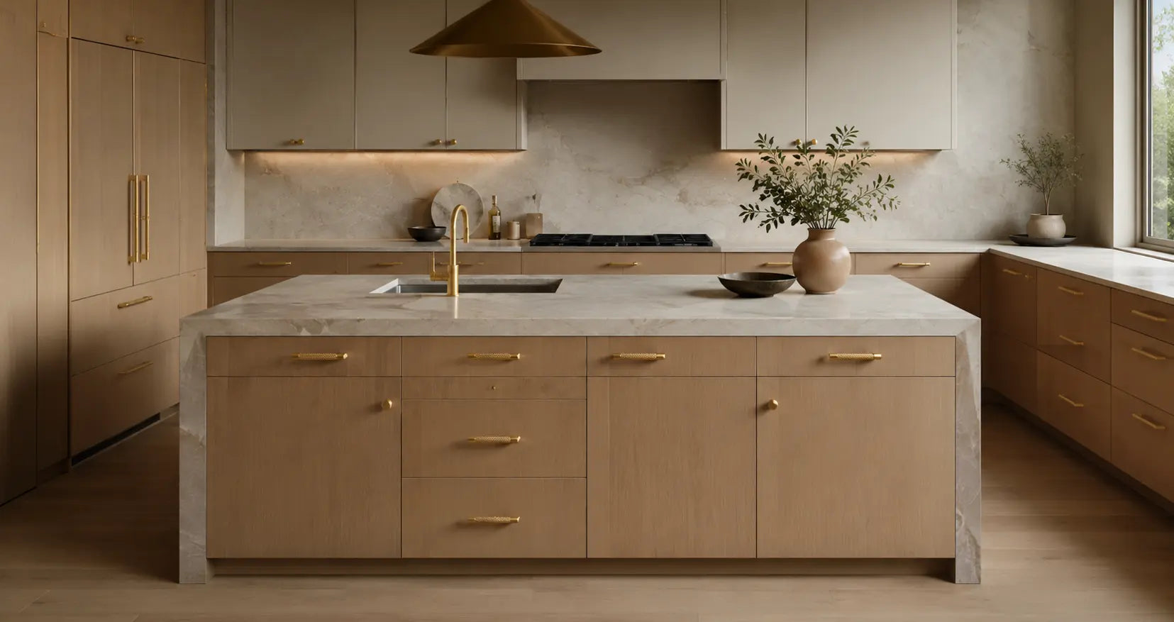 Modern warm-toned kitchen with light wood cabinetry, a stone island and textured satin brass knobs.