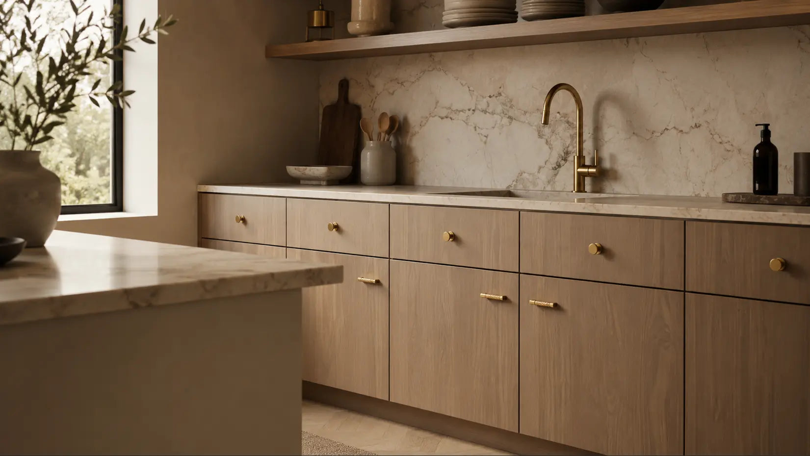 A warmer, more minimalist kitchen concept with light oak cabinetry, a marble backsplash and the antique brass knobs used as subtle focal details.