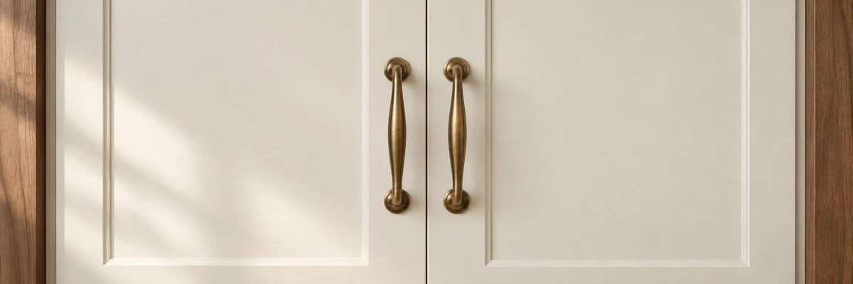 Antique brass cabinet pulls on warm ivory cabinet doors framed in walnut