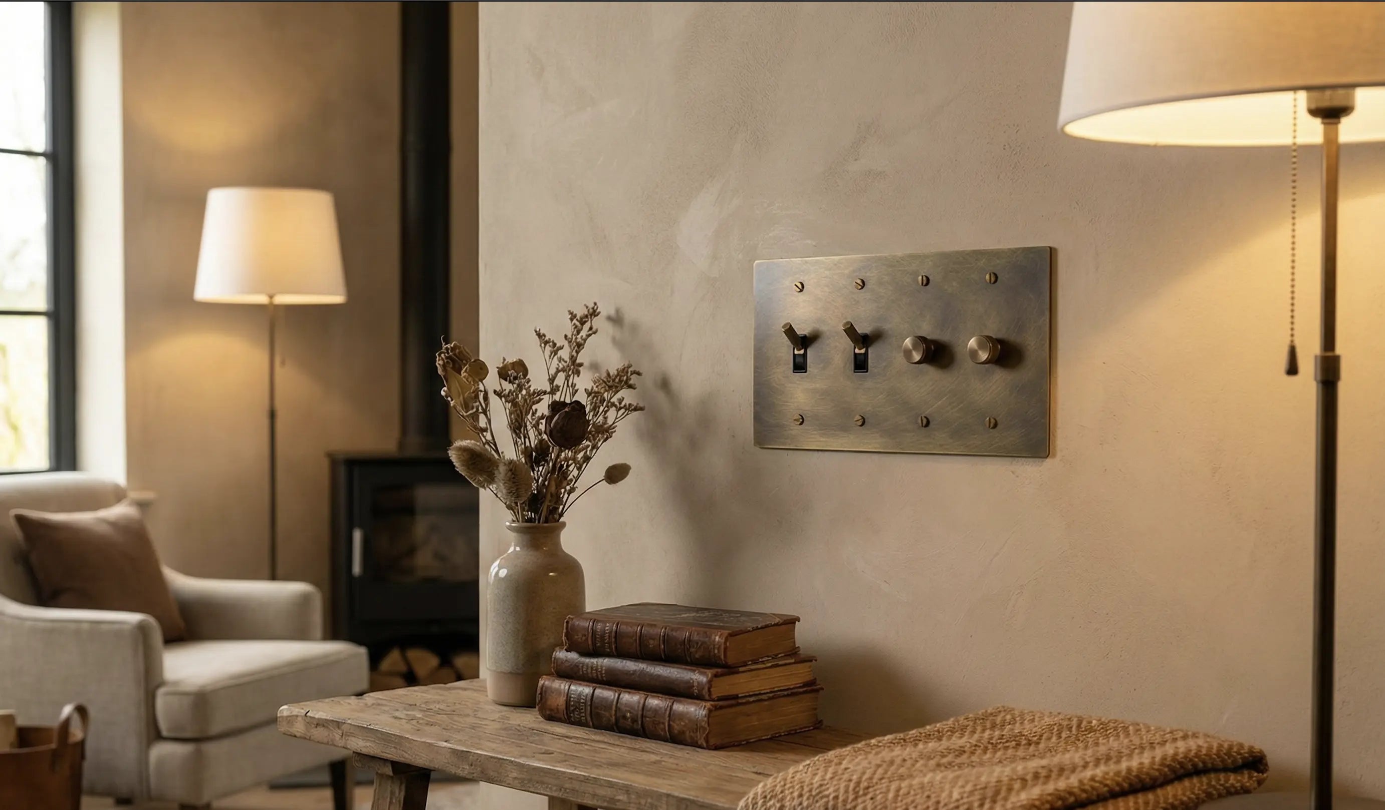 oil rubbed bronze light switch on a wall in a modern cozy home