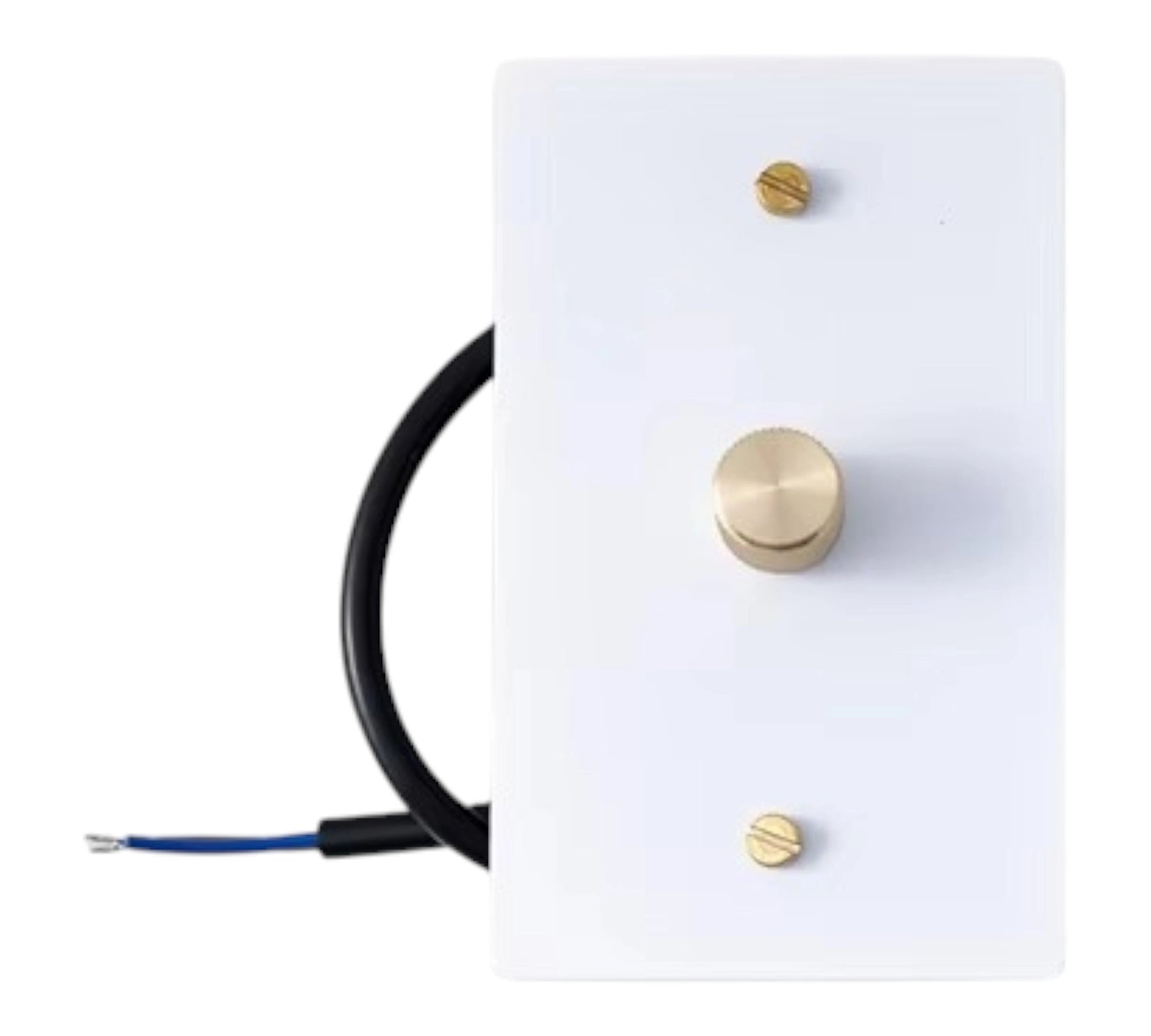 white brass dimmer wall plate with rotary knob and wiring on a white background