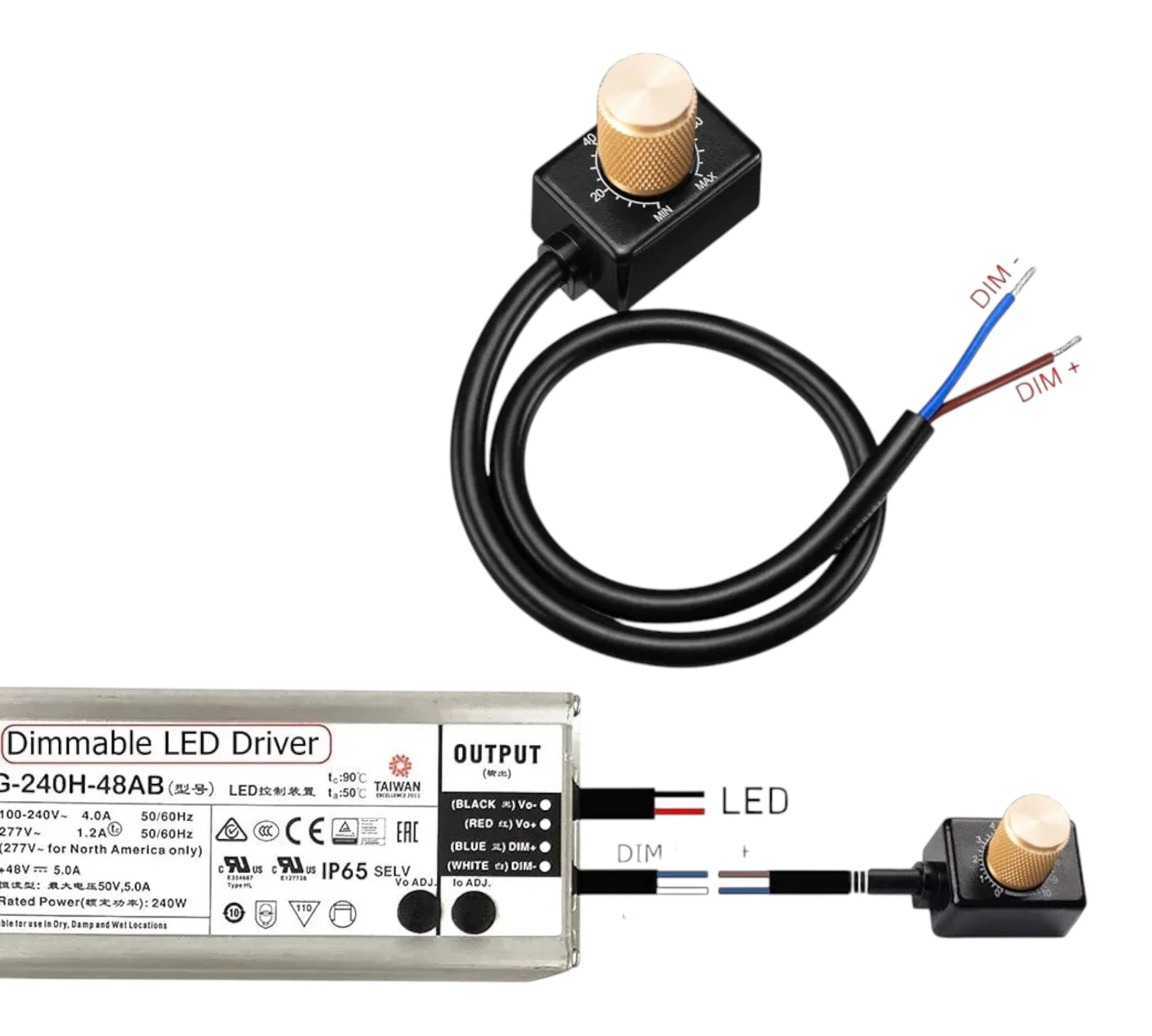 Dimmable LED driver with wiring diagram on a white background