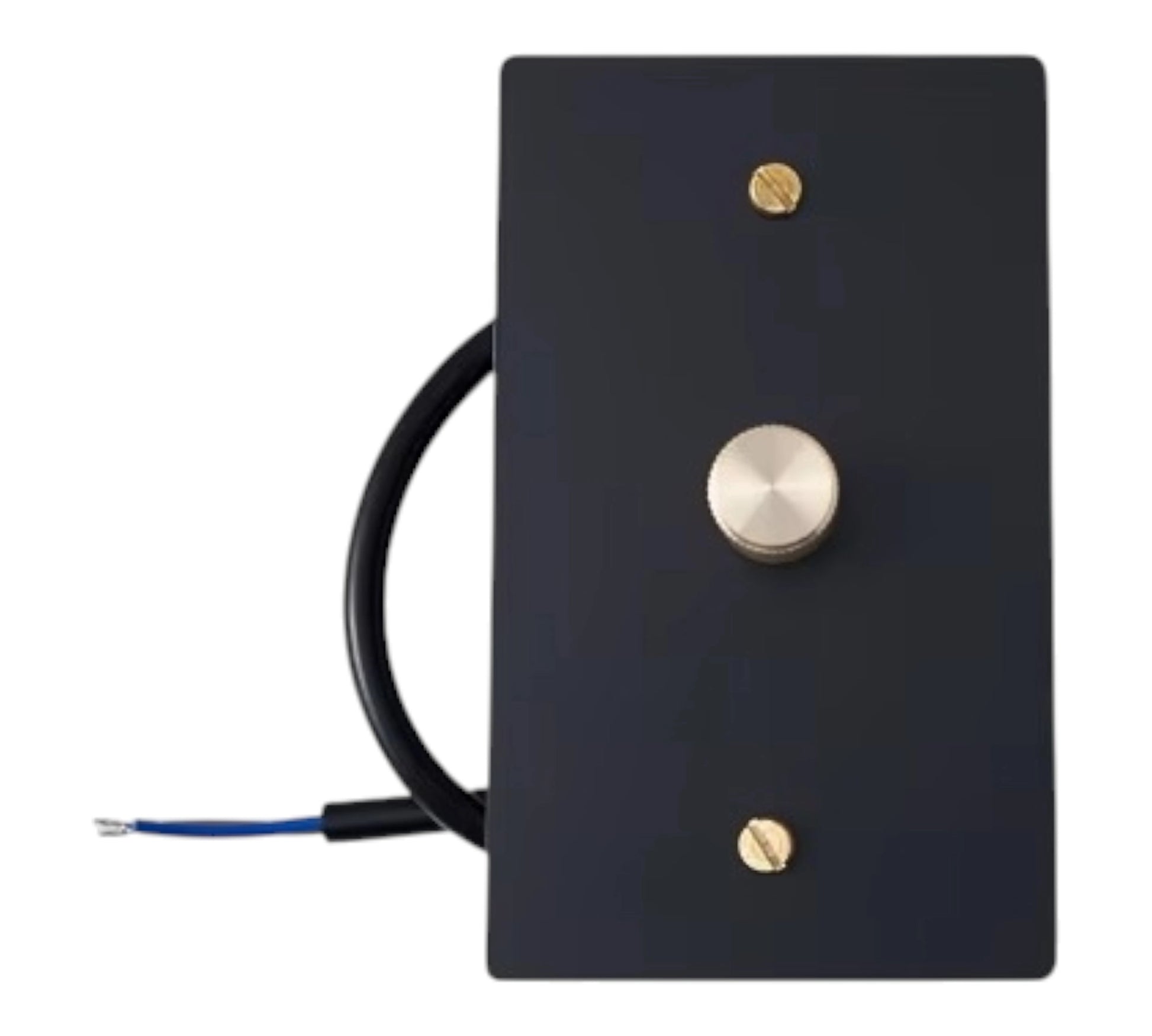 brass dimmer wall plate with rotary knob and wiring on a white background
