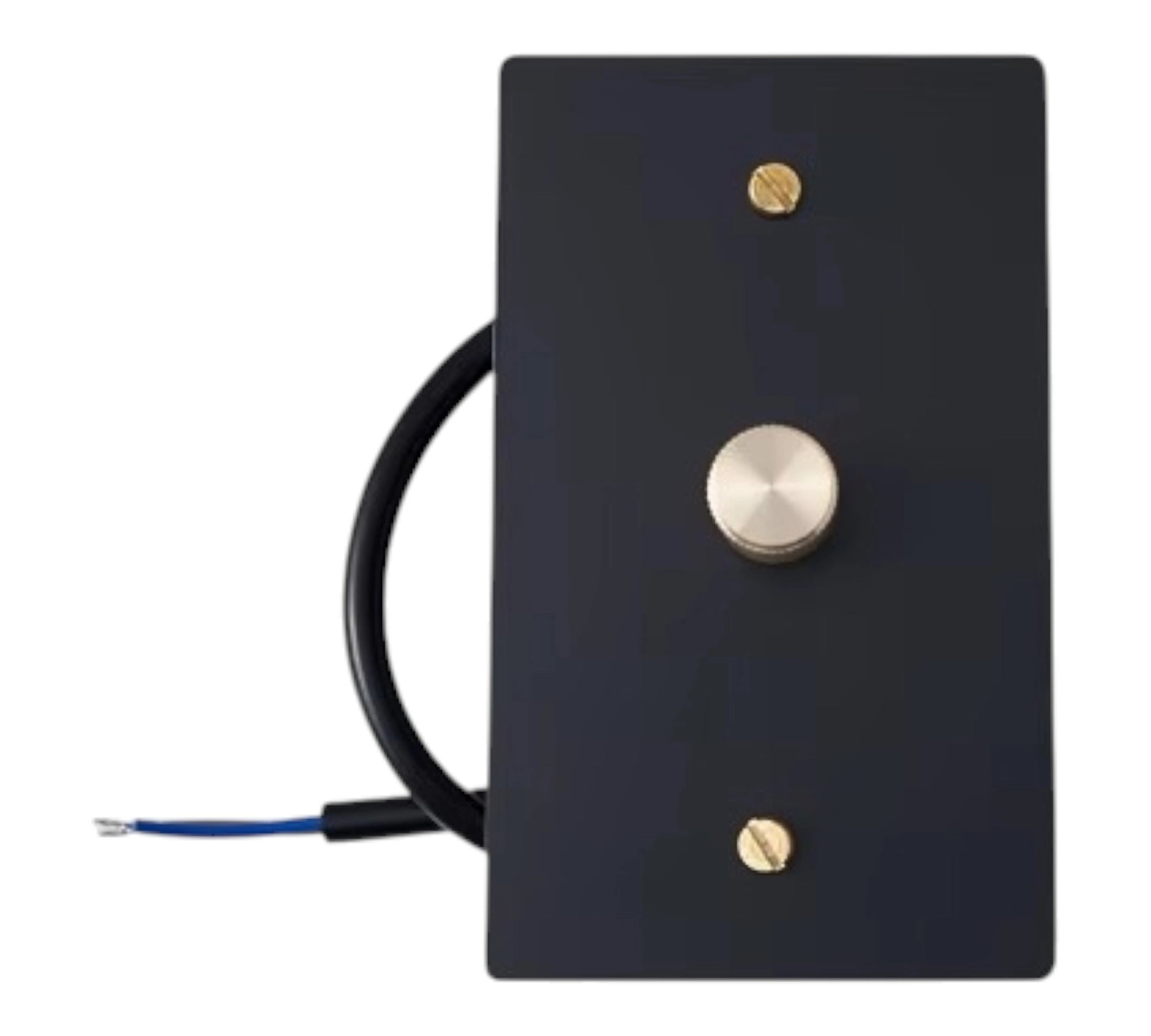 brass dimmer wall plate with rotary knob and wiring on a white background