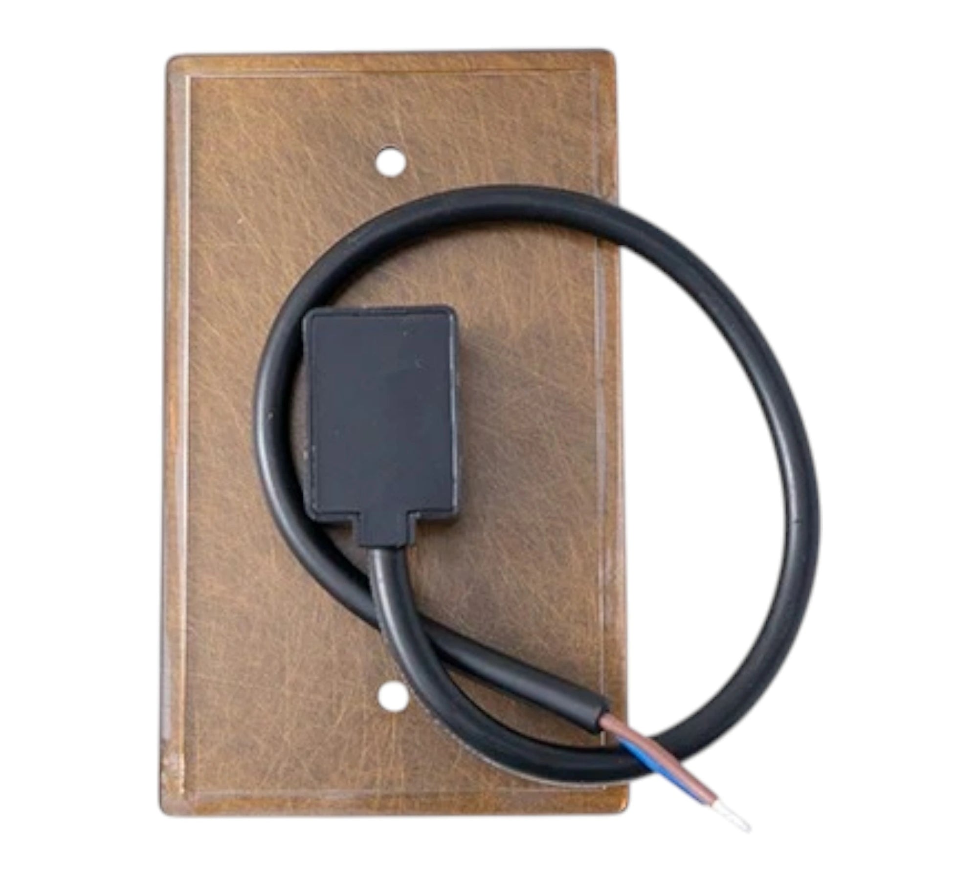 Brown electrical wall plate with black cable and connector on a white background