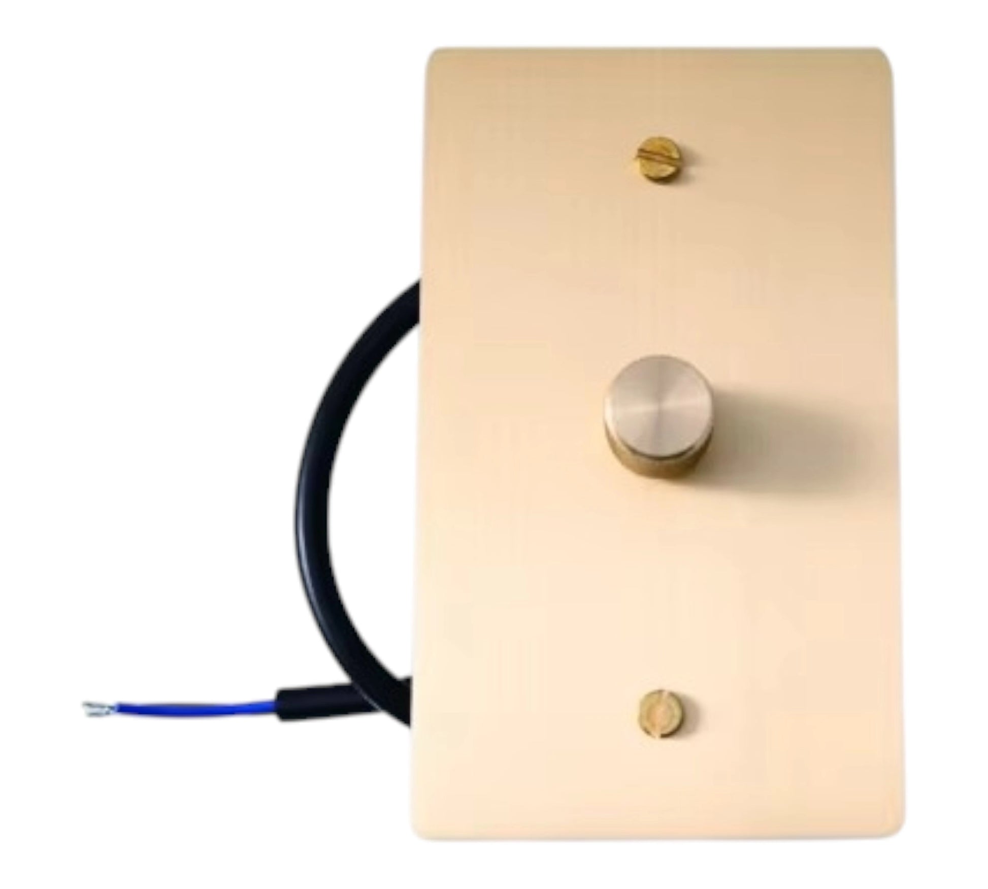 Satin brass wall plate with rotary knob and wiring on a white background