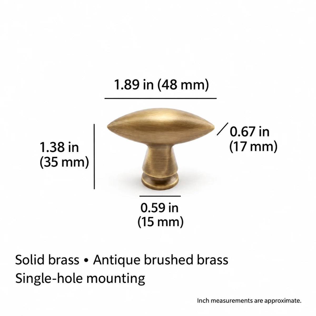 Olive-shaped brass knob dimensions: 1.89 in (48 mm) length and 1.38 in (35 mm) projection
