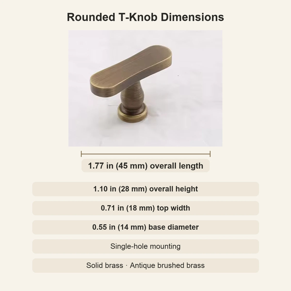 Antique brass T-knob dimensions: 1.77 in (45 mm) length, 1.10 in (28 mm) projection and single-hole mounting
