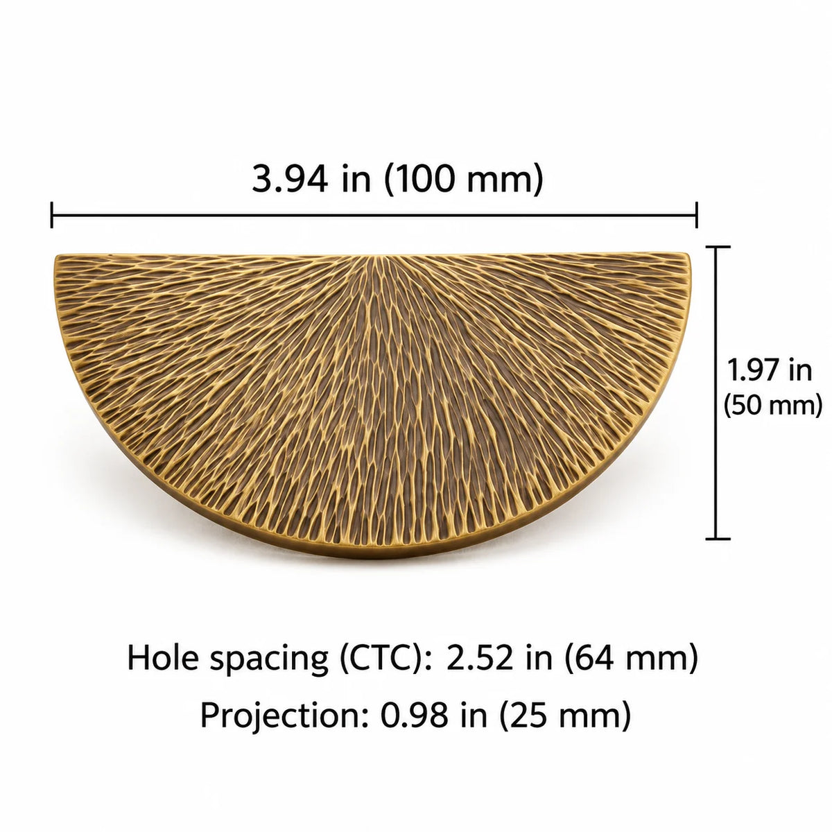 Half-moon pull dimensions: 2.52 in (64 mm) CTC and 3.94 in (100 mm) overall