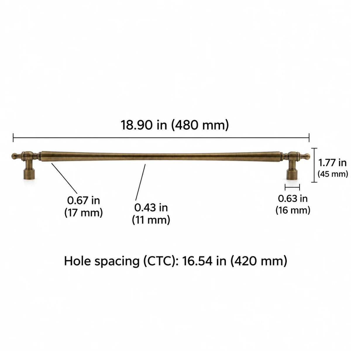 Long pull measurements: 16.54 in (420 mm) CTC and 18.90 in (480 mm) overall