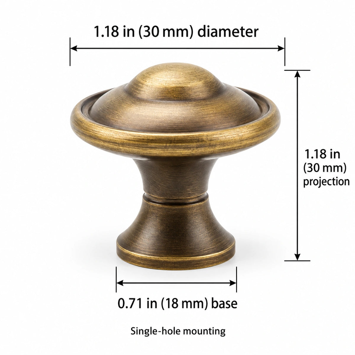 Plain antique brass cabinet knob with 30 mm diameter and projection shown in inches and mm