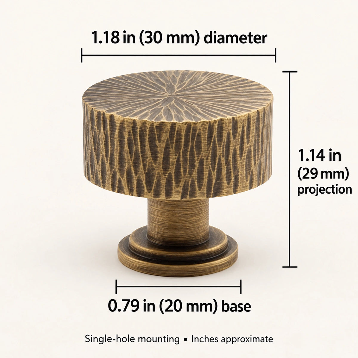 30 mm antique brass knob with diameter projection and base dimensions in inches and millimeters