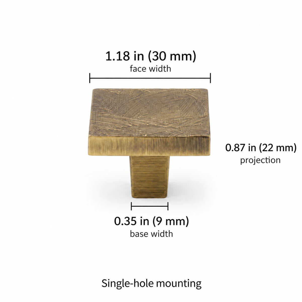 30 mm square cabinet knob dimensions in inches and millimeters