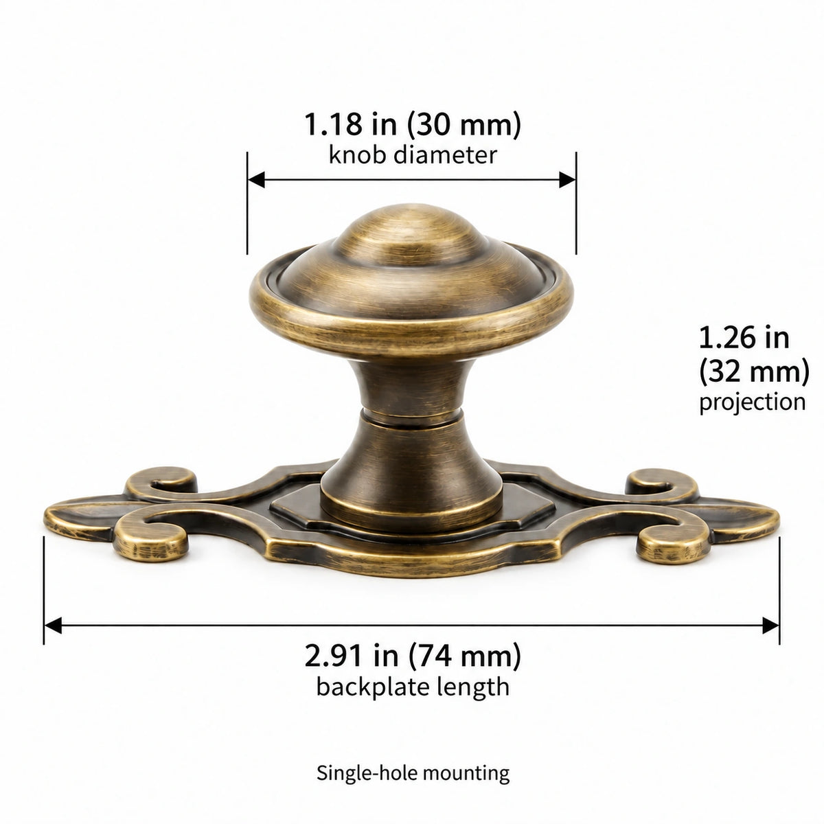 Antique brass knob with 74 mm scroll backplate and 32 mm projection dimensions