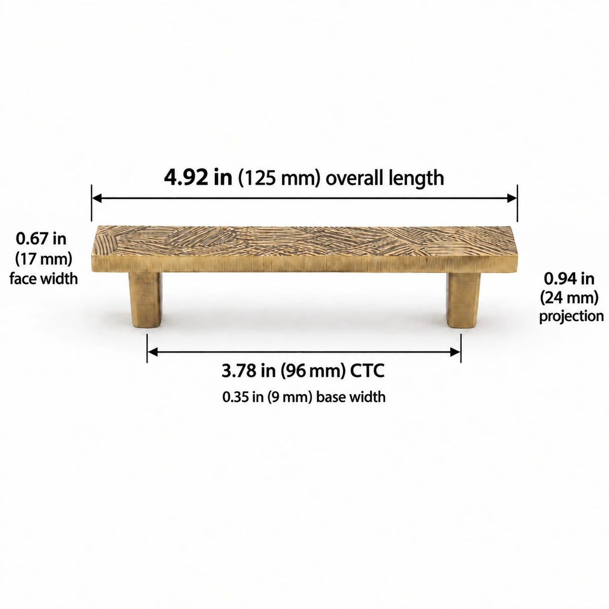 96 mm CTC antique brass pull with 125 mm overall length dimensions