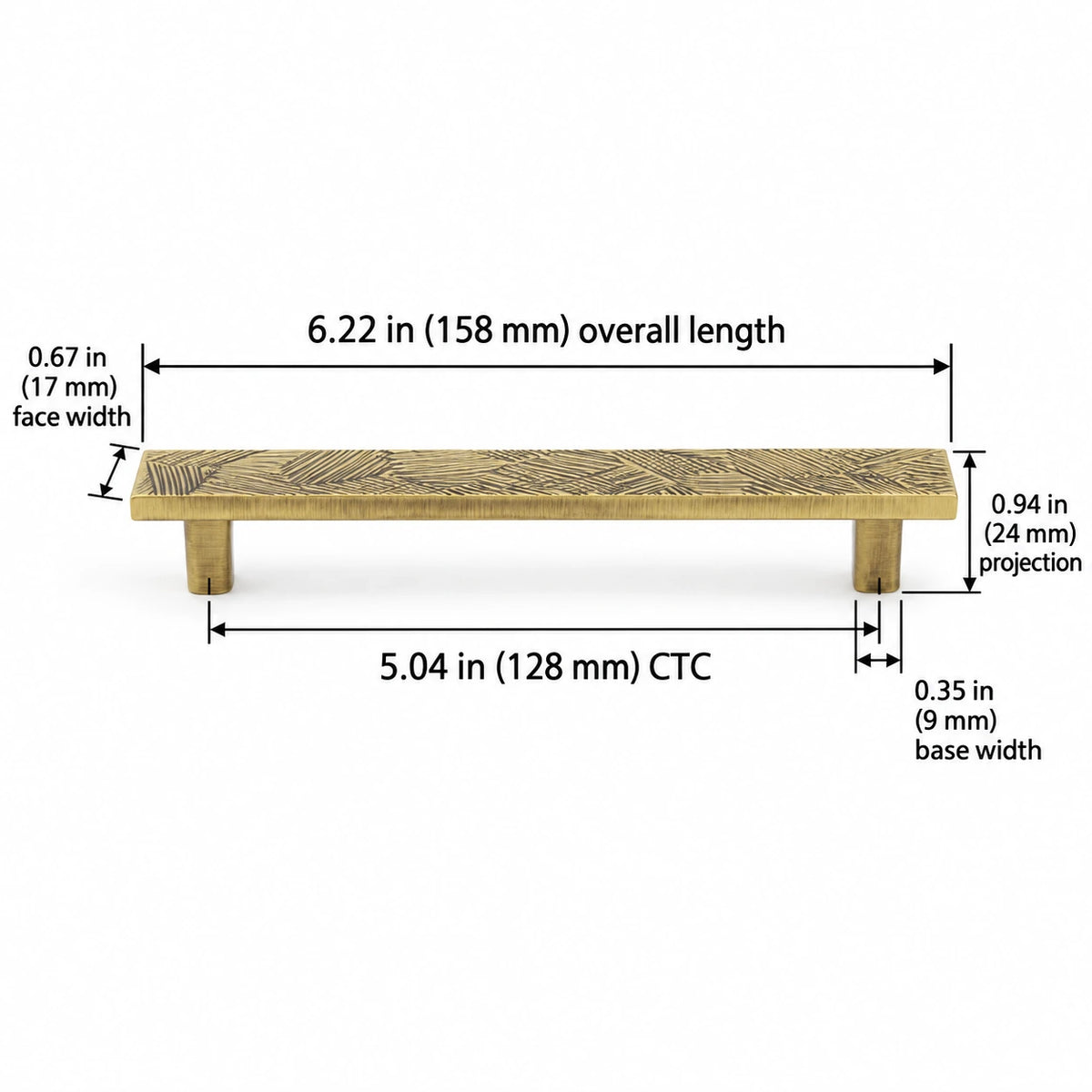 128 mm CTC antique brass pull with 158 mm overall length dimensions
