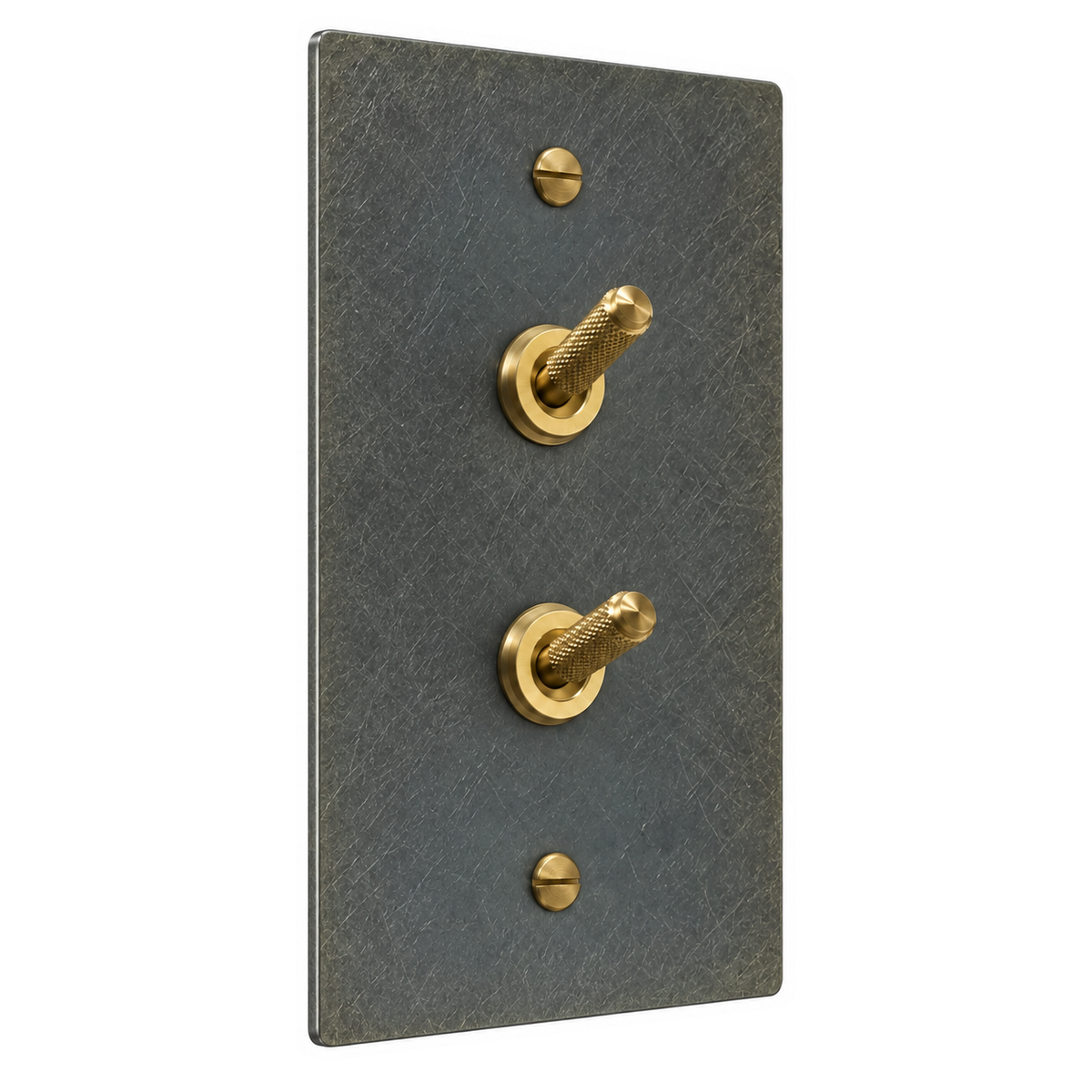 1-Gang Solid Brass Double Knurled Toggle Light Switches in Aged Bronze (Hand-Brushed); 2 toggles on a white background