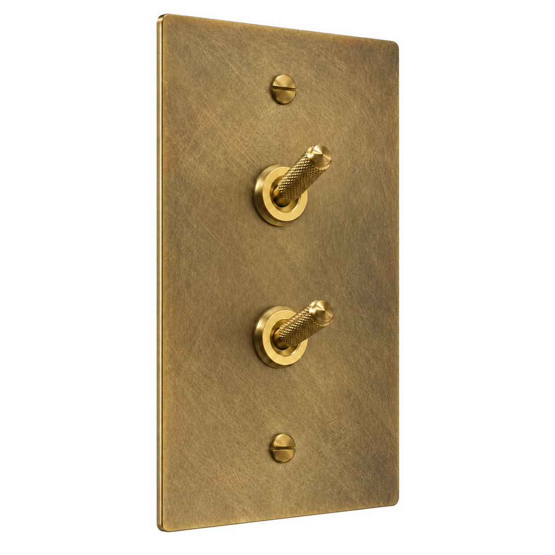 1-Gang Solid Brass Double Knurled Toggle Light Switches in Satin Brass; 2 toggles on a white background