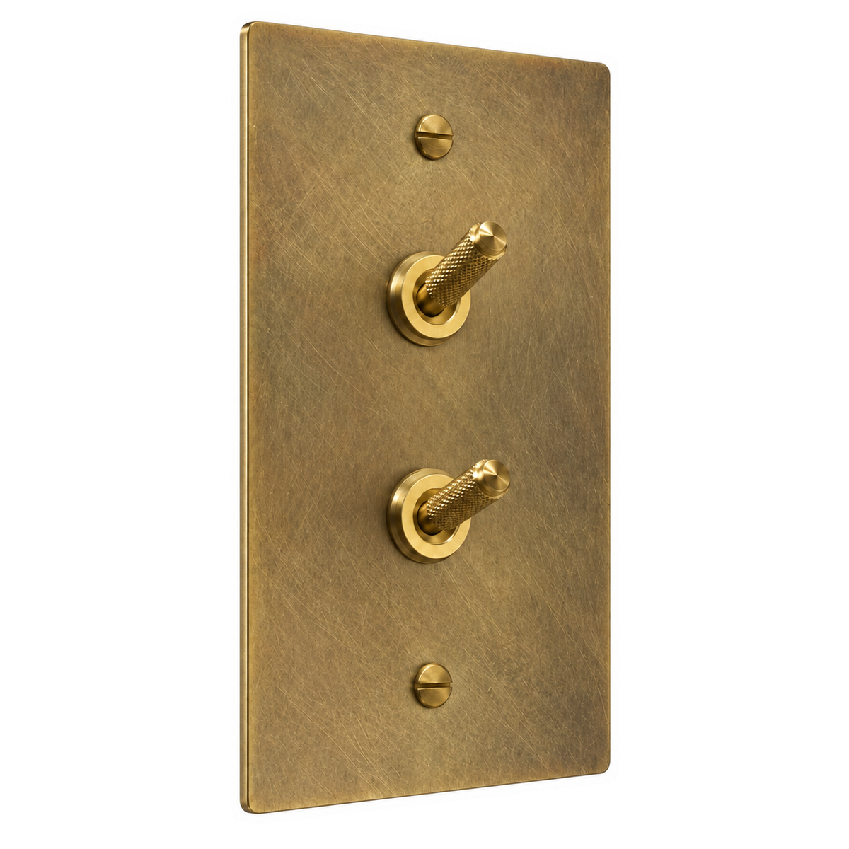 1-Gang Solid Brass Double Knurled Toggle Light Switches in Antique Brass (Hand-Brushed); 2 toggles on a white background