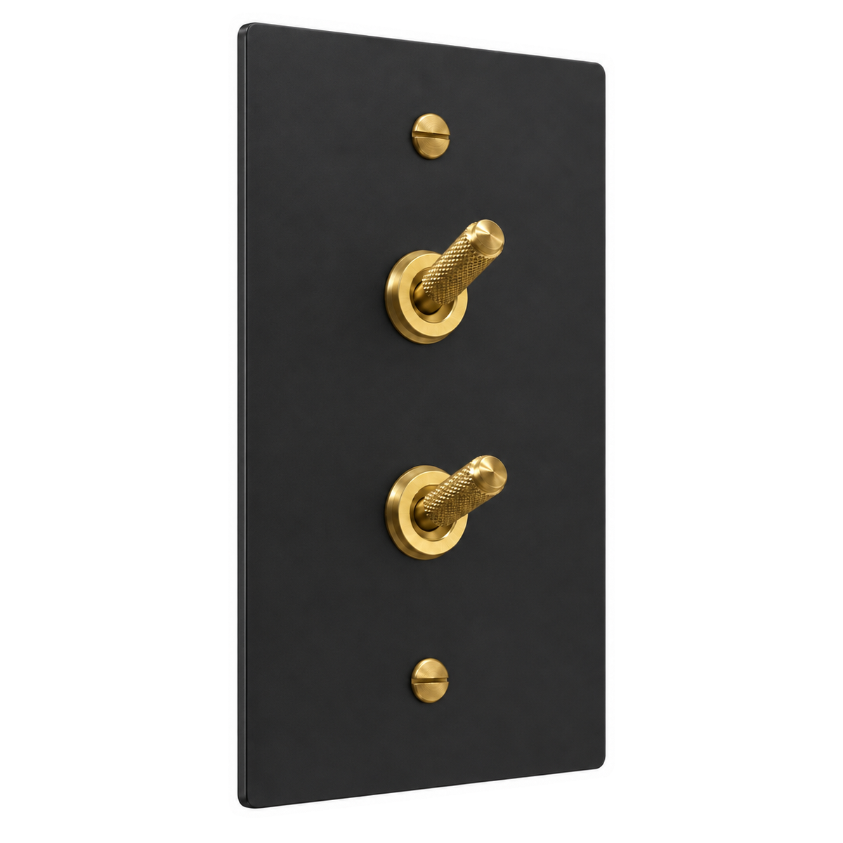 1-Gang Solid Brass Double Knurled Toggle Light Switches in Black with Brass Accents; 2 toggles on a white background