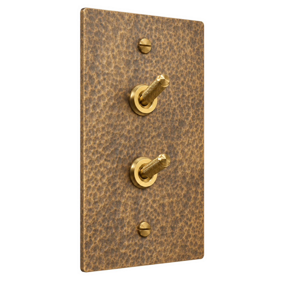 1-Gang Solid Brass Double Knurled Toggle Light Switches in Hammered Antique Brass; 2 toggles on a white background