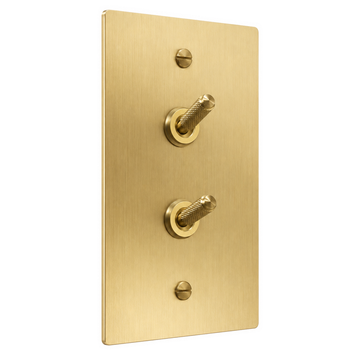1-Gang Solid Brass Double Knurled Toggle Light Switches in Satin Brass; 2 toggles on a white background