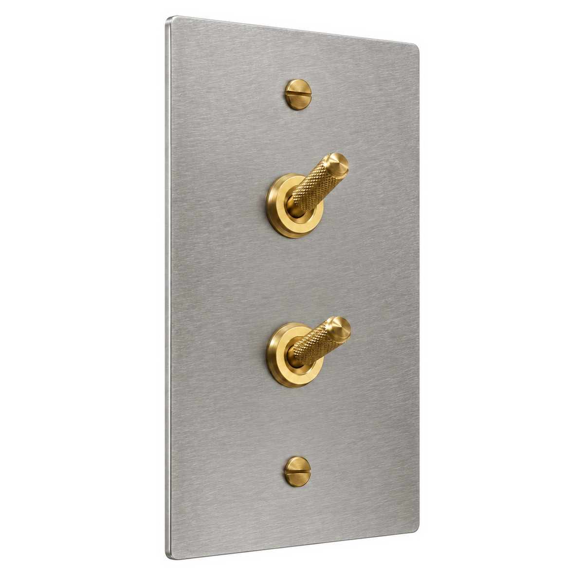 1-Gang Solid Brass Double Knurled Toggle Light Switches in Stainless Steel; 2 toggles on a white background