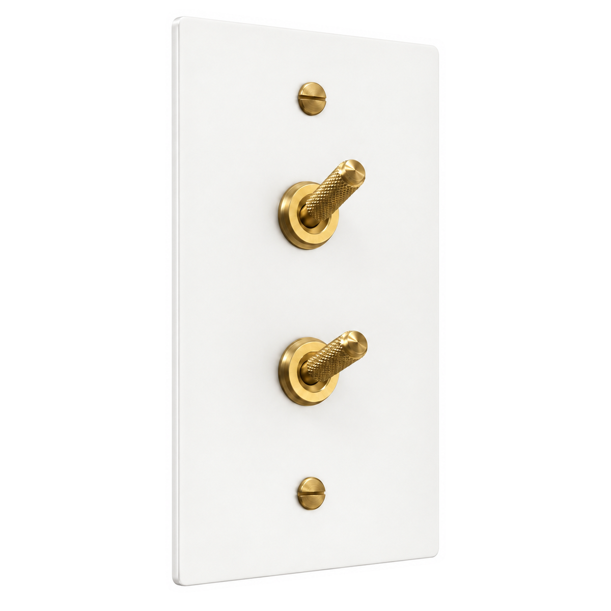 1-Gang Solid Brass Double Knurled Toggle Light Switches in White with Brass Accents; 2 toggles on a white background