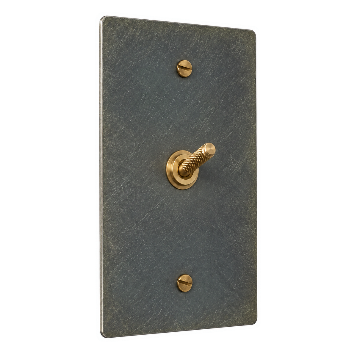1-Gang Solid Brass Knurled Toggle Light Switch in Aged Bronze (Hand-Brushed); 1 toggle on a white background