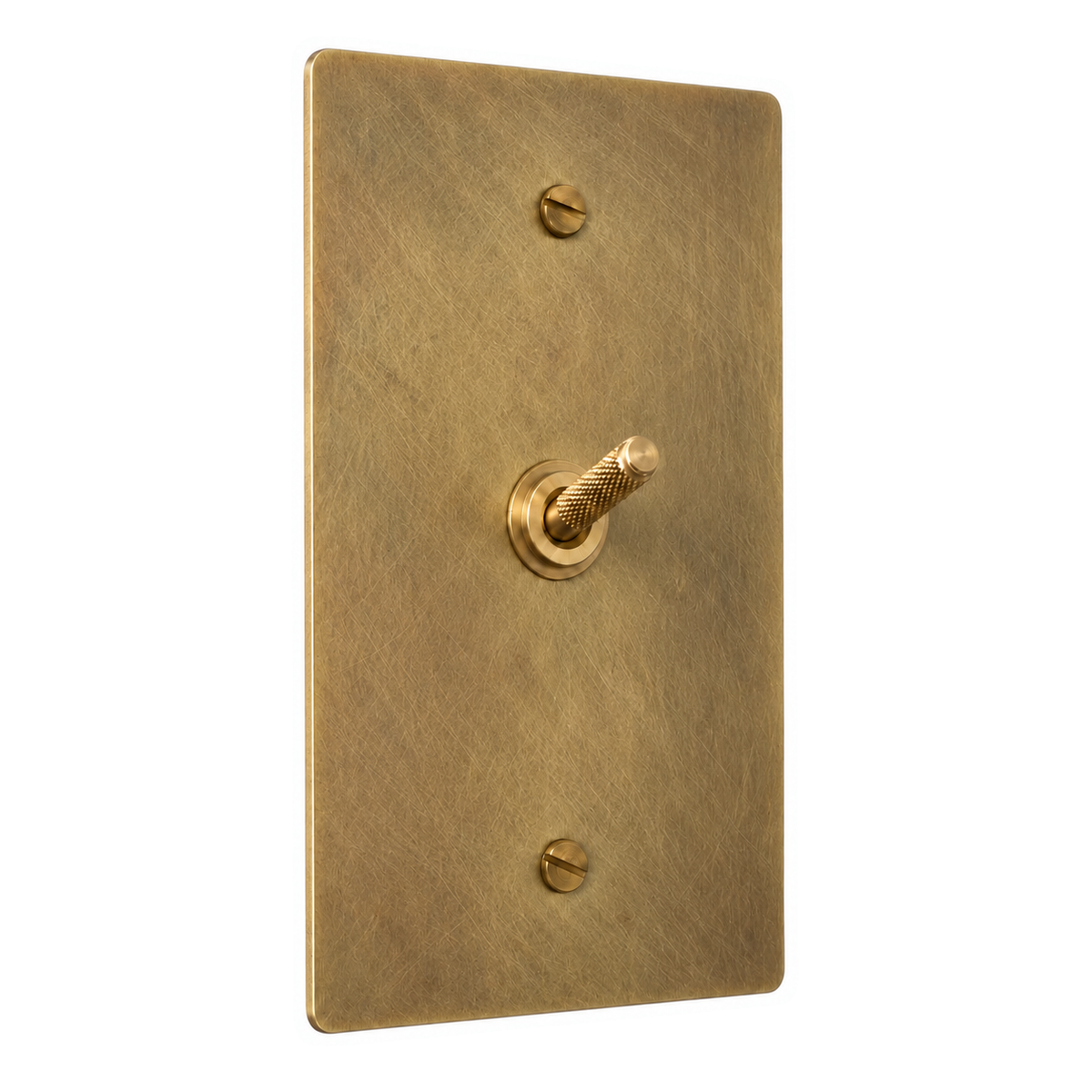 1-Gang Solid Brass Knurled Toggle Light Switch in Antique Brass (Hand-Brushed); 1 toggle on a white background