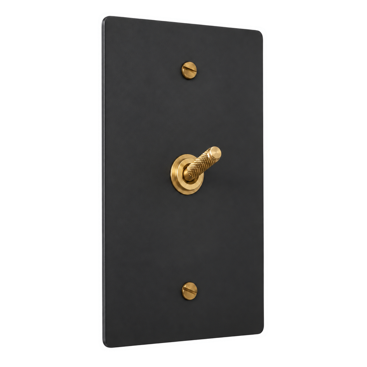 1-Gang Solid Brass Knurled Toggle Light Switch in Black with Brass Accents; 1 toggle on a white background